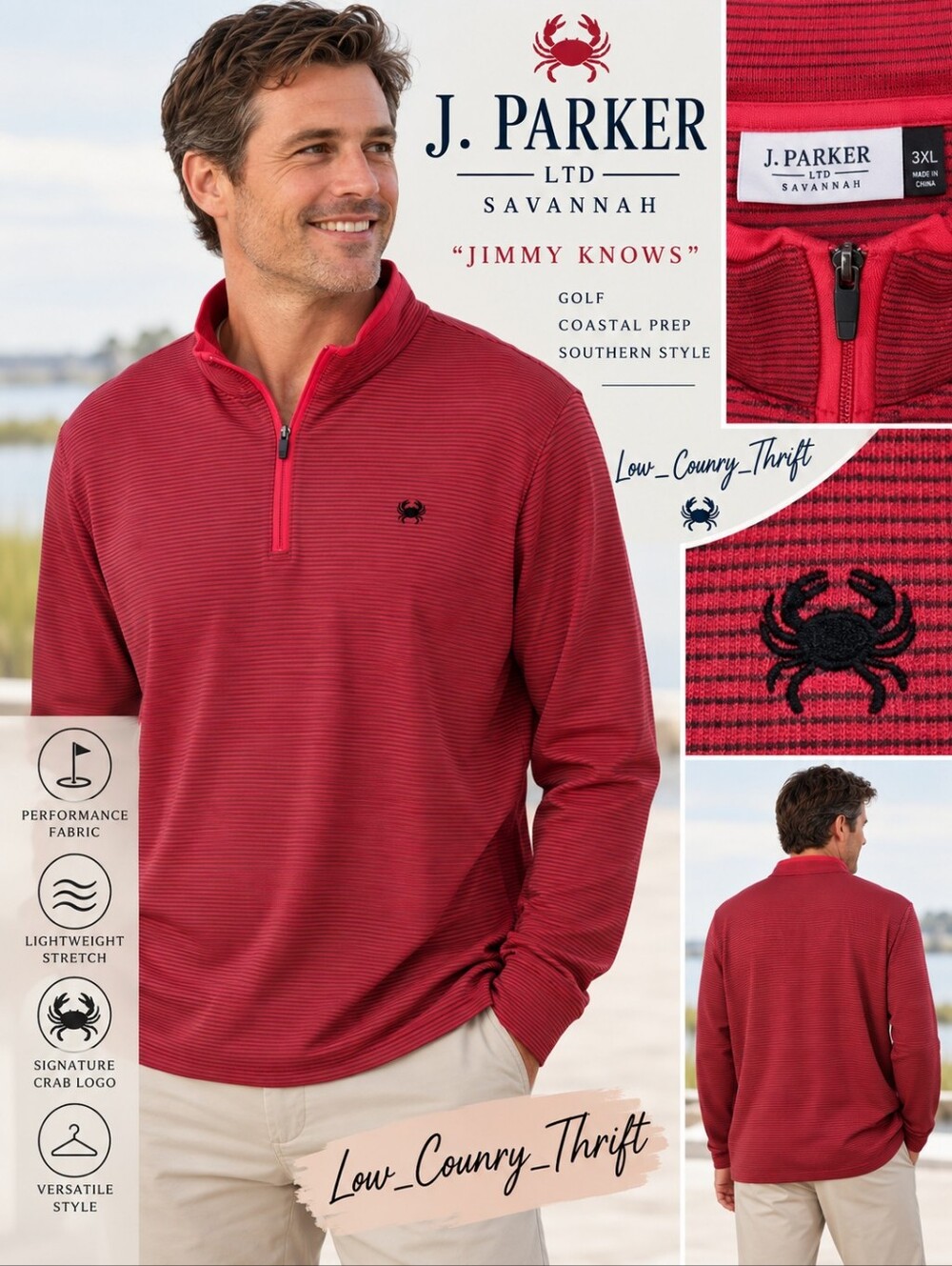 J Parker LTD Savannah Jimmy Knows 3XL Red Black Stripe 1/4 Zip Golf Pullover